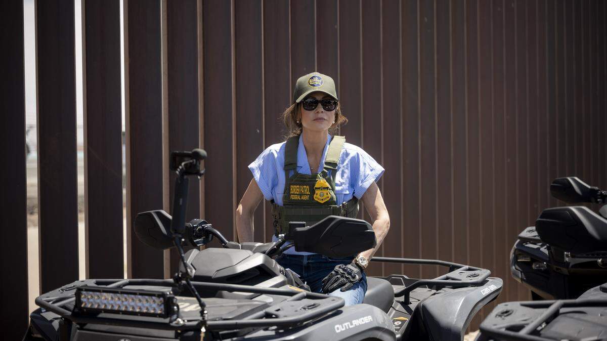 Department of Homeland Security (DHS) Secretary Kristi Noem rides an all-terrain vehicle along the U.S.-Mexico Border Wall in El Paso, Texas, April 28, 2025.