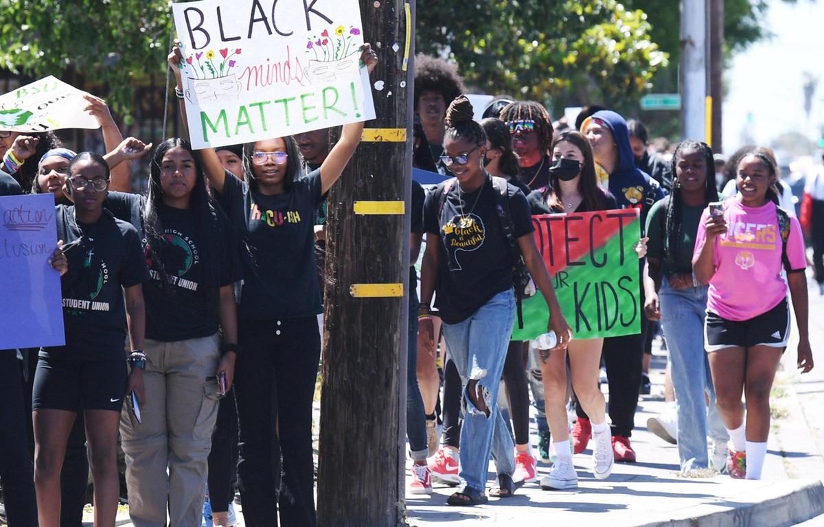 Hundreds of students march from Edison High to Friday’s Fresno Unified School Board assembly addressing a racist photo posted to social media earlier in the week at Bullard High. Photographed Friday, May 6, 2022 in Fresno.