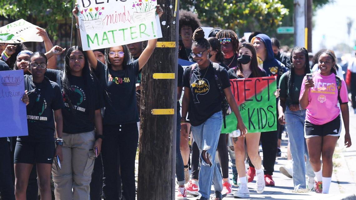 Hundreds of students march from Edison High to Friday’s Fresno Unified School Board assembly addressing a racist photo posted to social media earlier in the week at Bullard High. Photographed Friday, May 6, 2022 in Fresno.