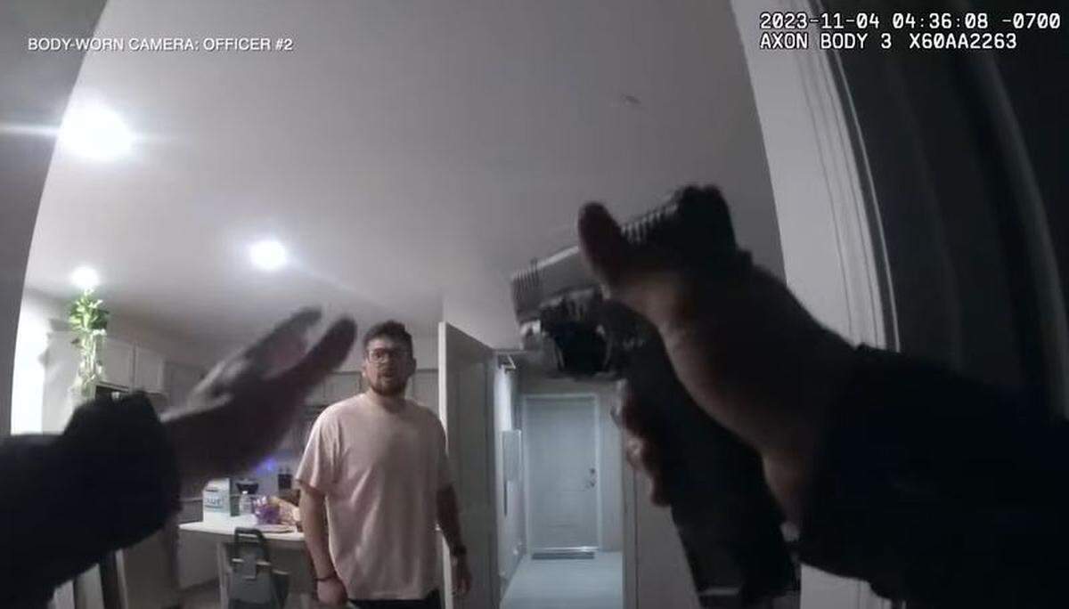 A screengrab from a Fresno police body worn camera shows officers and Maximiliano “Max” Sosa Jr., 33, speaking moments before they fatally shot him on Nov. 4, 2023. Police released the video Friday, Jan. 12, 2024, and said he charged officers with a pair of scissors.