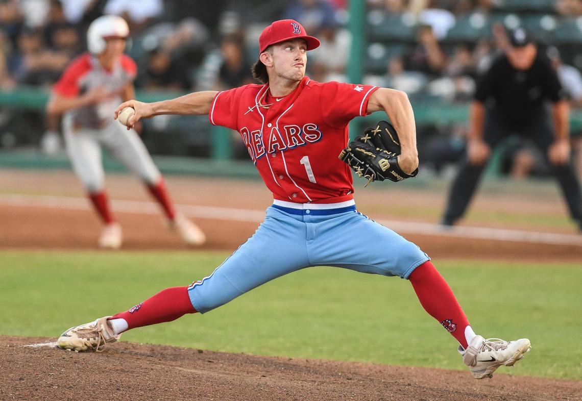 Buchanan pitcher Colton O’Toole throws against Centennial in their Central Section D-1 baseball championship game at Valley Strong Ballpark on Saturday, May 28, 2023.