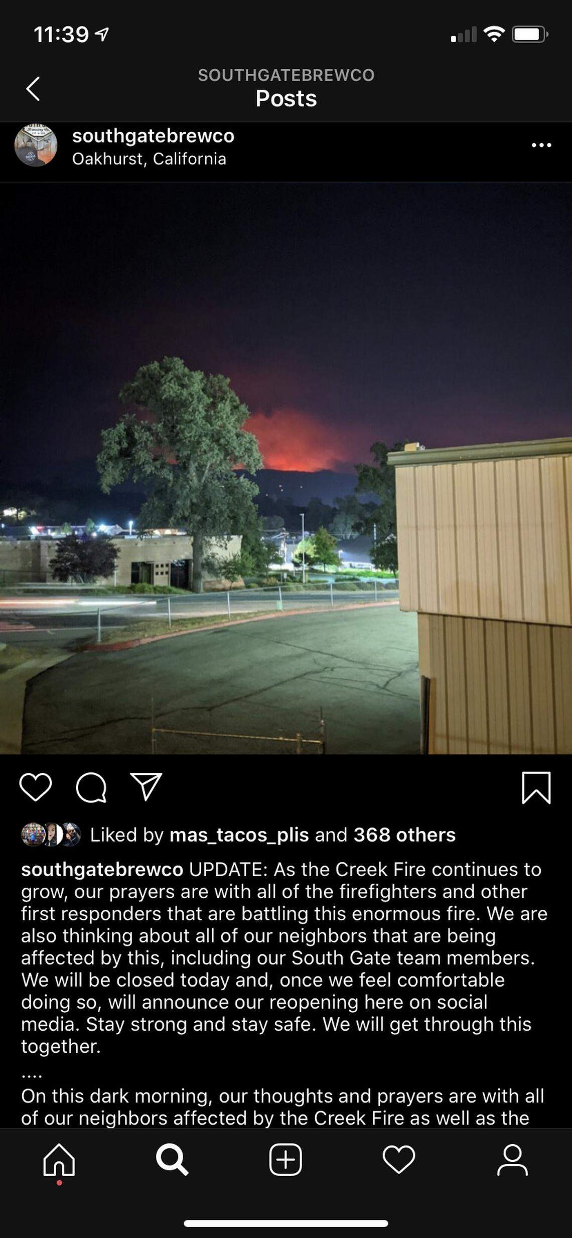 South Gate Brewing Co. in Oakhurst posted this photo of the Creek Fire just over the mountain. The brewery and restaurant has closed because of smoke and ash in the area.