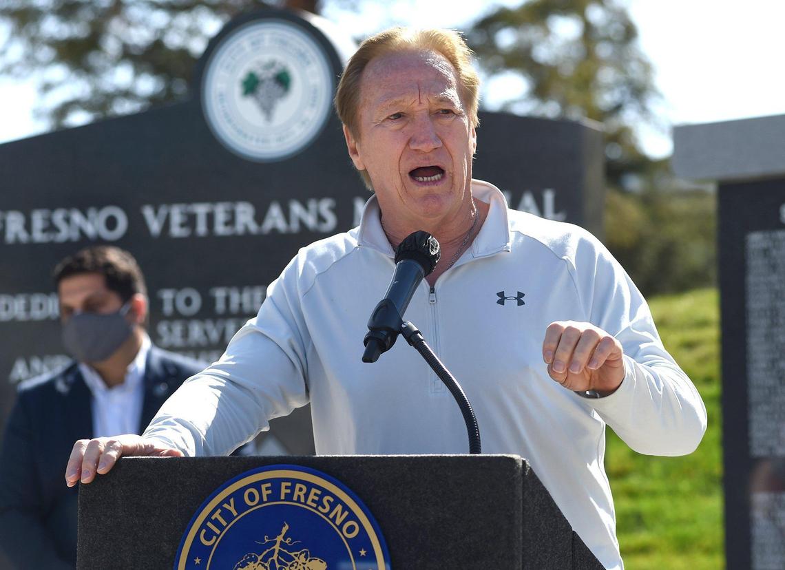 Former Fresno Mayor Alan Autry speaks during the Save Our Kids rally to promote reopening Fresno Unified schools during the COVID-19 pandemic Saturday, March 6, 2021, at Fresno City Hall.