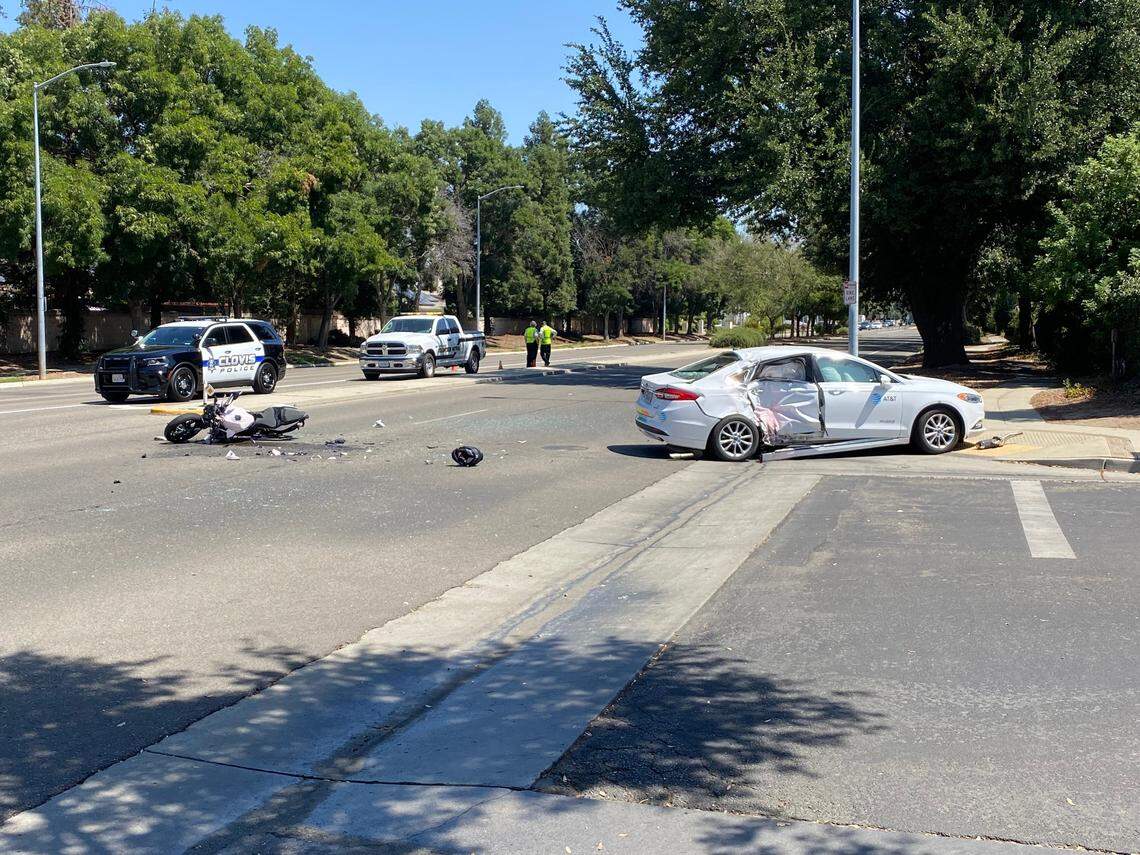 A motorcyclist suffered critical injuries Wednesday, Aug. 30, 2023, in a collision with a car, Clovis police said.