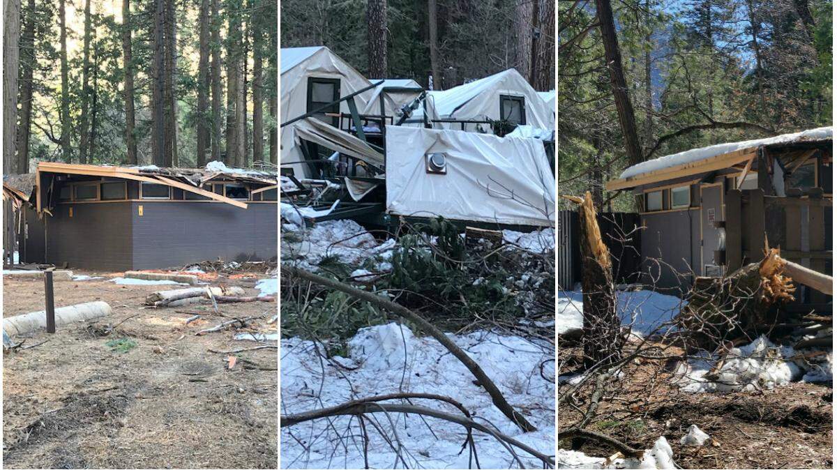 Damage to facilities in Half Dome Village and Upper Pines Campground in Yosemite Valley caused by winter weather.