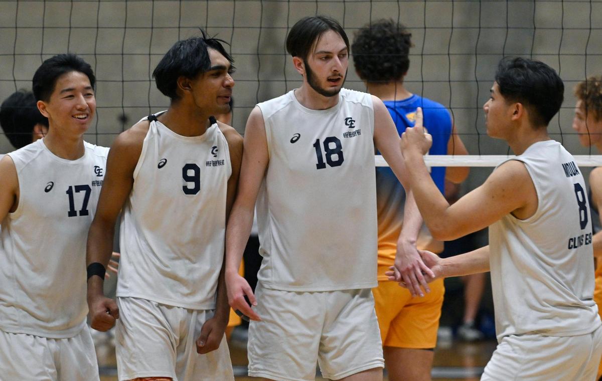 Clovis East’s celebrates Gurshab Singh’s point, second from left, against Clovis High in the Central Section Division I volleyball championship Thursday, May 11, 2023 in Clovis.