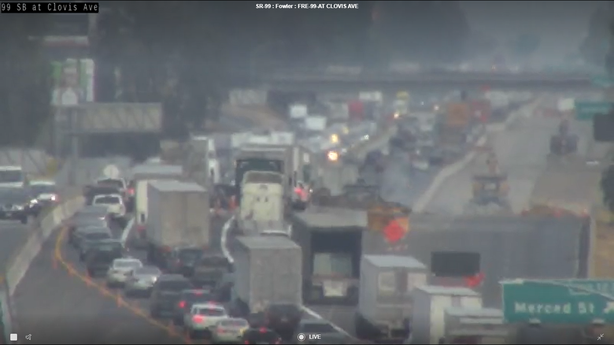 Traffic is backed up on Highway 99, south of Fresno on Thursday, Aug. 4, 2022 because of a vehicle fire.