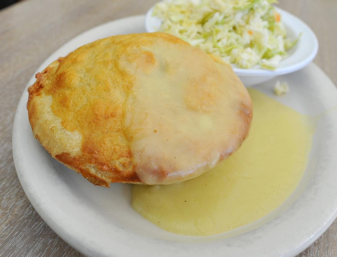 One of the last golden-brown chicken pies served up, Tuesday, March 26, 2019, from The Chicken Pie Shop, which will close after decades in the Tower District.