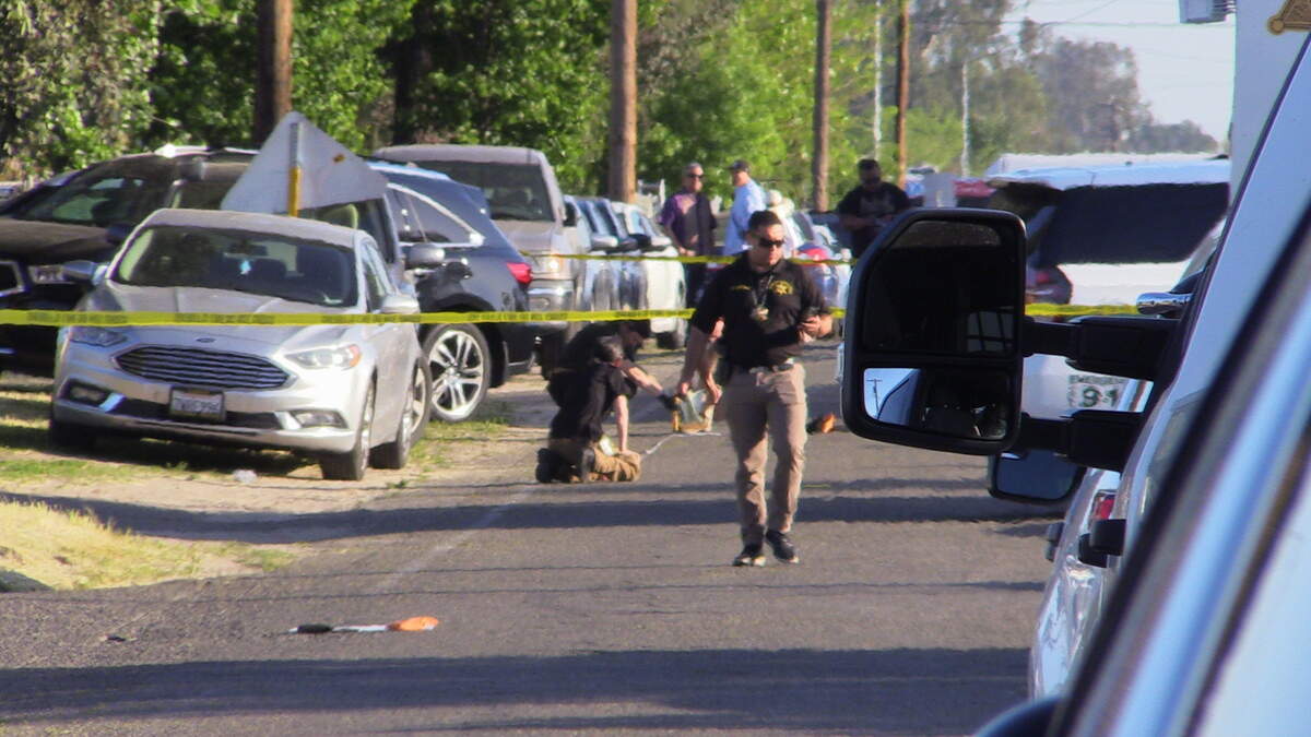 Deputies investigate a fatal shooting of a man in his 20s at Valentine and Princeton avenues on Saturday, April 15, 2023. The man later died at the hospital.