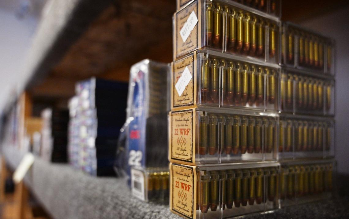 Ammunition is seen on shelves as Ryan Farrell is holding a sale at his South Gate Firearm Supply shop which will permanent close its doors on the last day of this month. Farrell cites high costs of doing business due to new state laws for selling firearms. Photographed Tuesday, Aug. 20, 2024 in Yosemite Lakes Park near Coarsegold, CA.