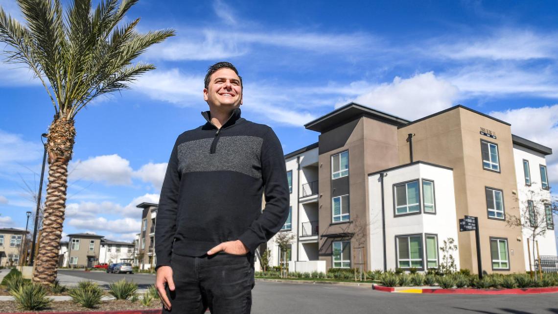 Vincent Ricchiuti, a member of the Ricchiuti farming family, stands outside The Row at Heritage Grove, which he has had a major part in developing, in northeast Fresno, on Wednesday, Feb. 17, 2021. Instead of selling off vast acreage of former agricultural land, the Ricchiutis have transitioned to developers to have a say in how the land at the north Fresno/Clovis border is developed for future generations.