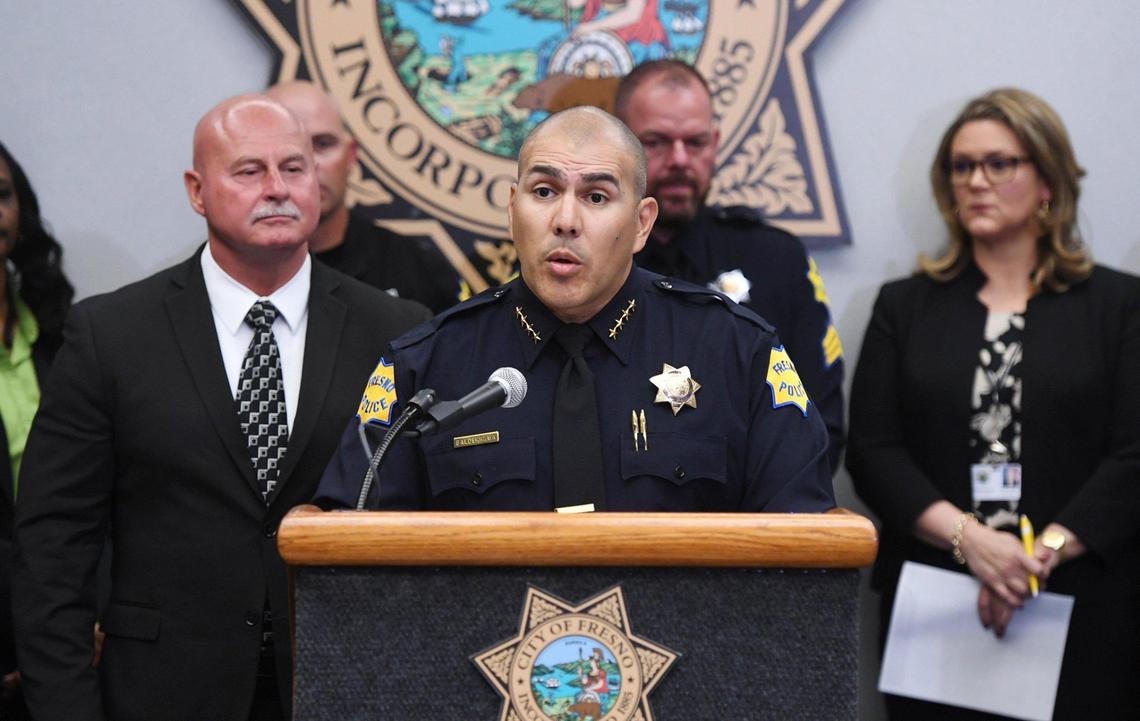 Fresno Police Chief Paco Balderrama is seen in a joint press conference announcing the results of a 5-month long investigation into street gangs called No Fly Zone Friday afternoon, April 15, 2022 in Fresno.