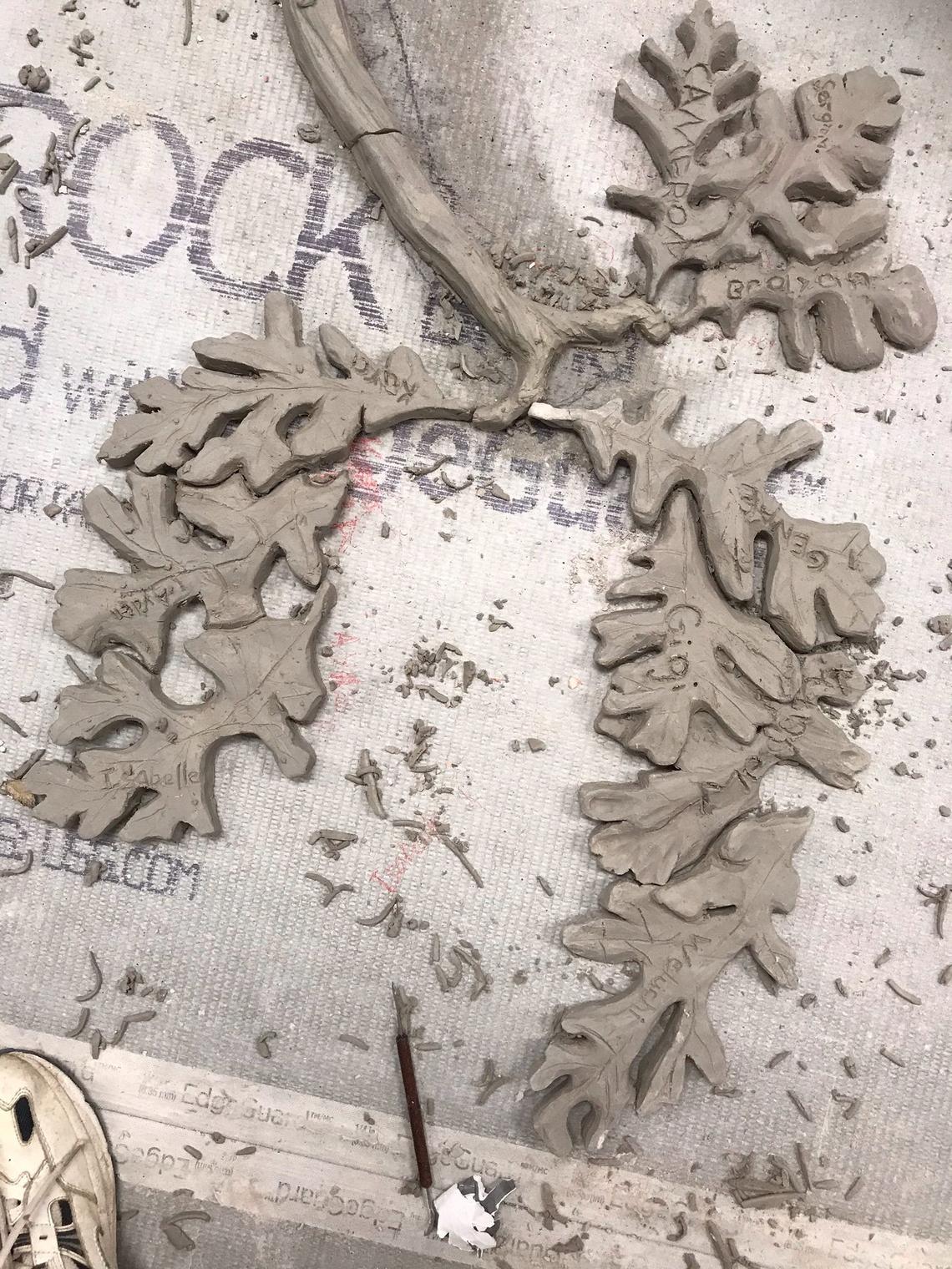 Ceramic leaves made by Manchester GATE sixth grade students are shown before being fired and glazed.