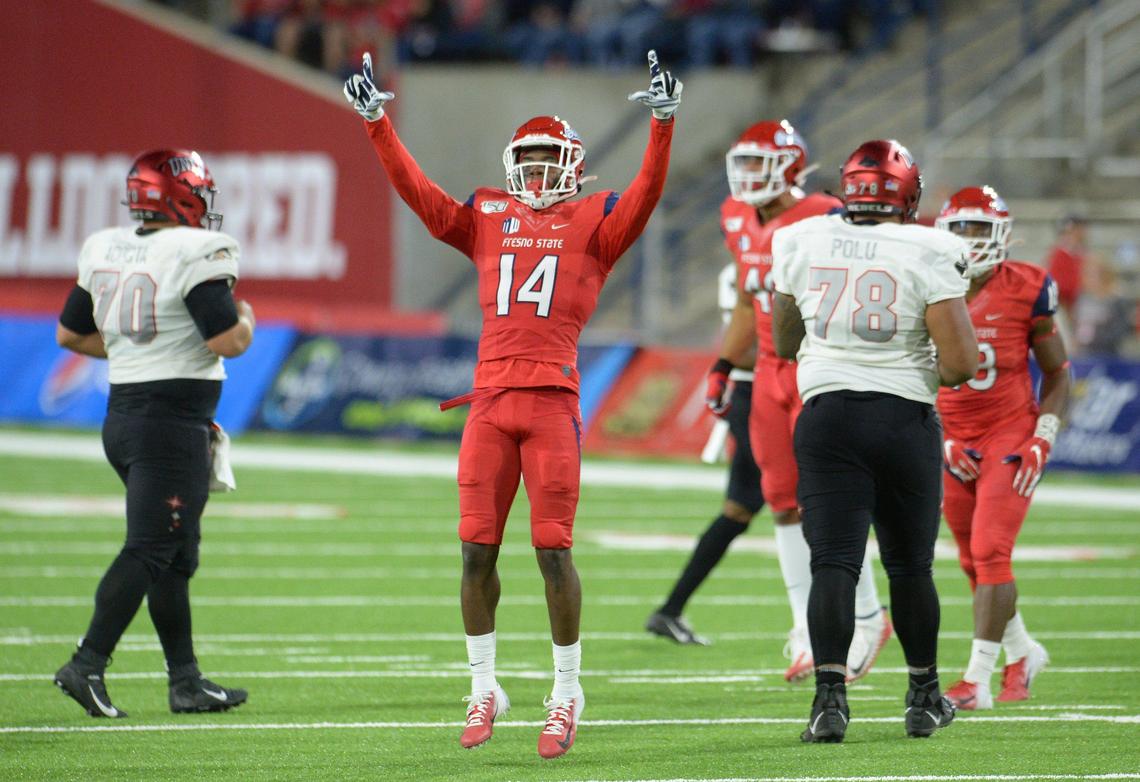 Fresno State’s Jaron Bryant celebrates a stop against UNLV during their game at Fresno State’s Bulldog Stadium on Friday, Oct. 18, 2019.