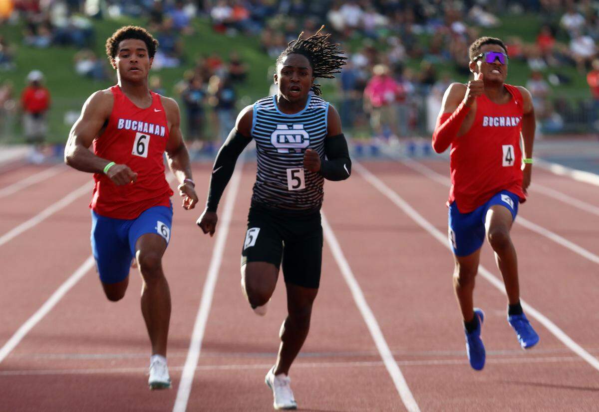 Clovis North junior Tyree Sams won the boys 100-meter race with a time of 10.6 seconds at the CIF Central Section Masters Track and Field Championships at Buchanan High’s Veterans Memorial Stadium on May 24, 2025.
