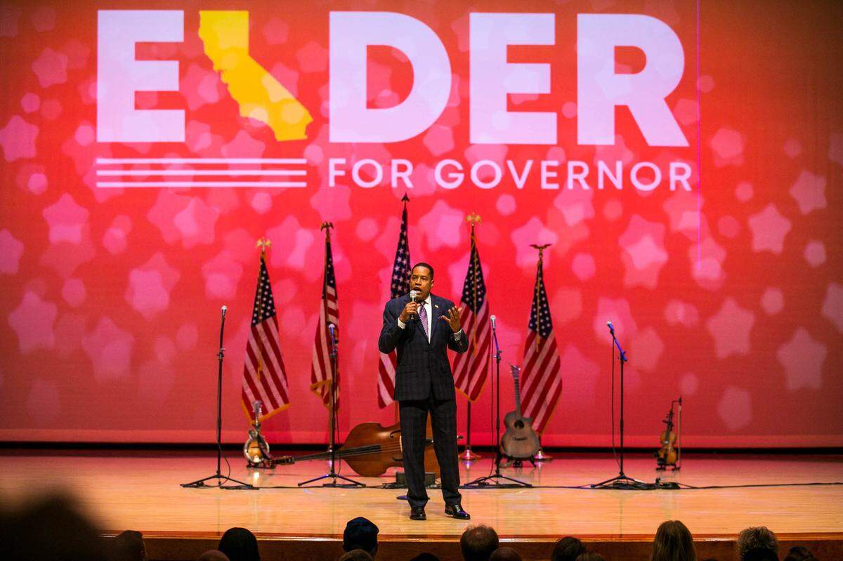Republican recall candidate Larry Elder speaks during a rally at the Paul Shaghoian Concert Hall on Sunday, Aug. 22, 2021, in Fresno, California.