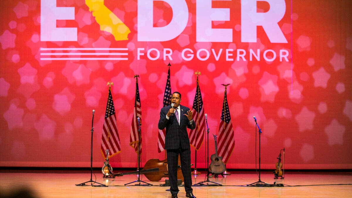 Republican recall candidate Larry Elder speaks during a rally at the Paul Shaghoian Concert Hall on Sunday, Aug. 22, 2021.