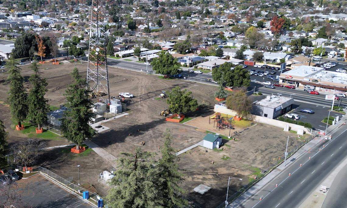 Construction at Radio Park is seen on Monday, Dec. 22, 2025, with the Quick Mart property seen at the middle right of photograph. The City of Fresno may take the Quick Mart property through eminent domain, adding the parcel to Radio Park which is currently closed and undergoing redevelopment. Photographed Monday, March 2, 2026 in Fresno.
