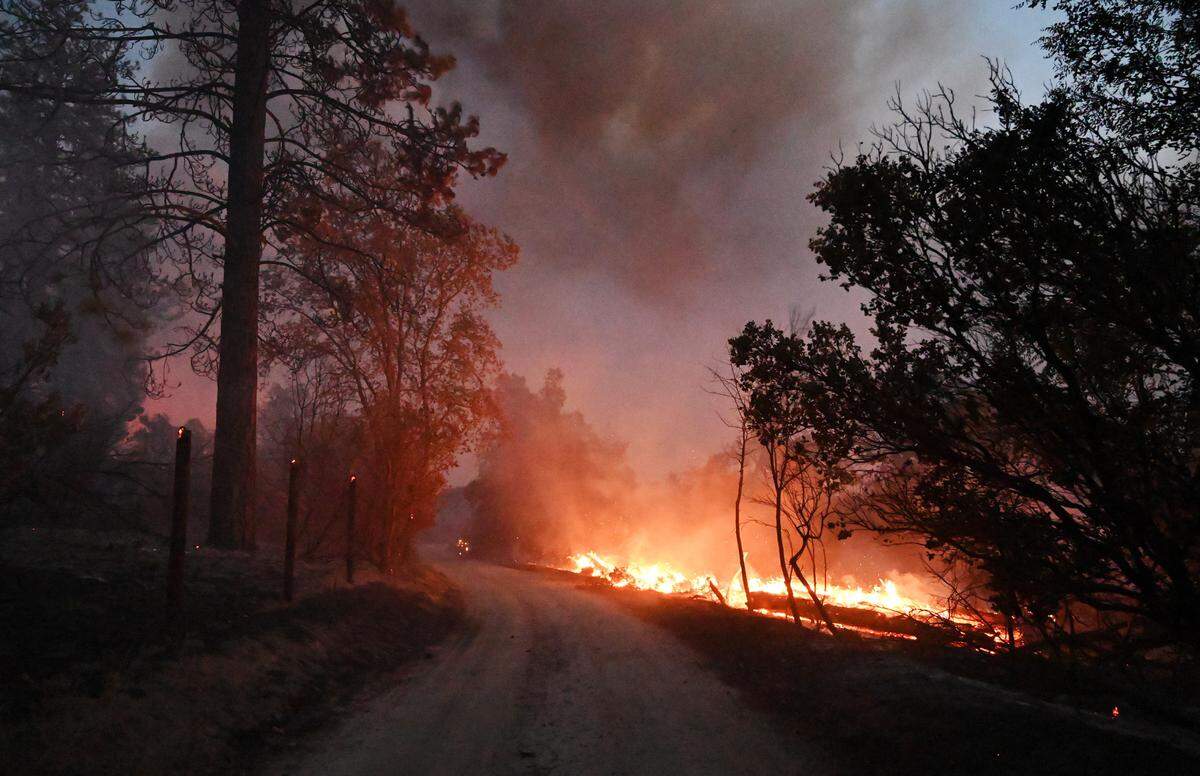 Remnants of the Fork Fire burn beyond Road 228 near North Fork on Wednesday evening, Sept. 7, 2022.