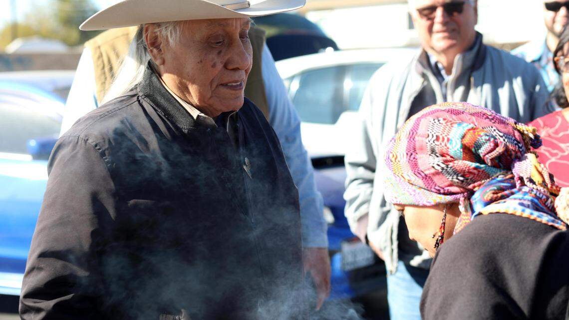 Rudy Arredondo, founder and president of Latino Farmers and Ranchers International during a housing land blessing ceremony lead by Grupo Tonalkalko from Fresno on Thursday (Dec. 7) at Huron Park Estates to celebrate the collaboration and partnership between Latino Farmers & Ranchers International with Western Fiber company for the farmworker housing project.