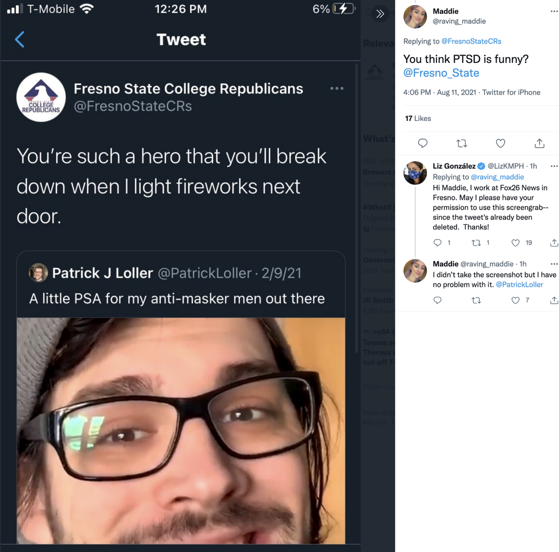 The Fresno State College Republicans responded to an Army vet-turned-comedian on his video about people needing to wear masks because of the ongoing COVID-19 pandemic. The tweet was later deleted. But the comedian re-shared the tweet to make fun of the student group.