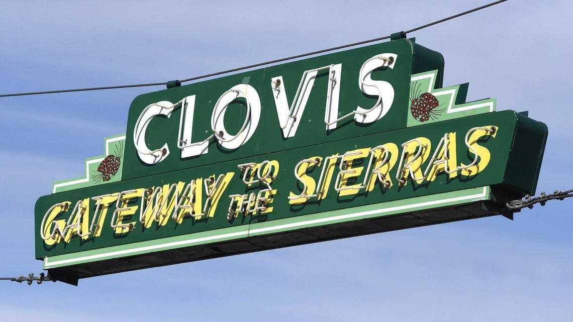 Historic Old Town Clovis “Gateway to the Sierras” sign over Clovis Avenue photographed in 2021.