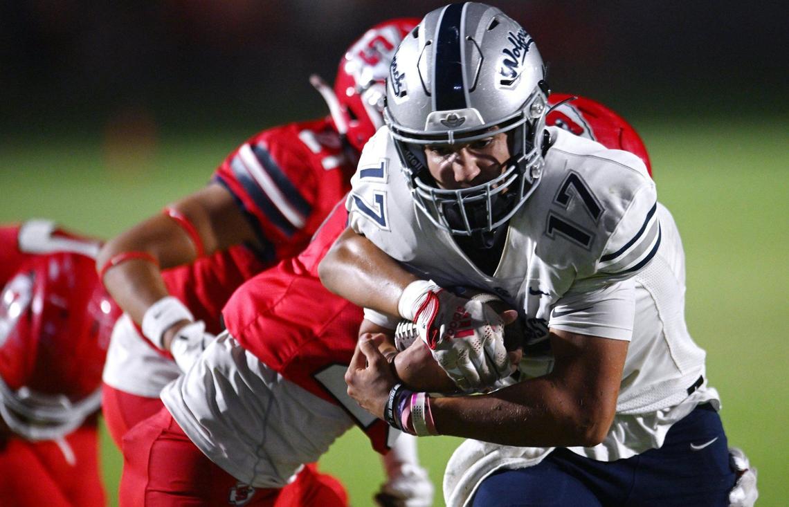 Jamie Spurgeon fights Sanger’s defense before scoring the last touchdown of the game Friday, Sept. 6, 2024 in Sanger. Final score, Clovis East 56, Sanger, 3.