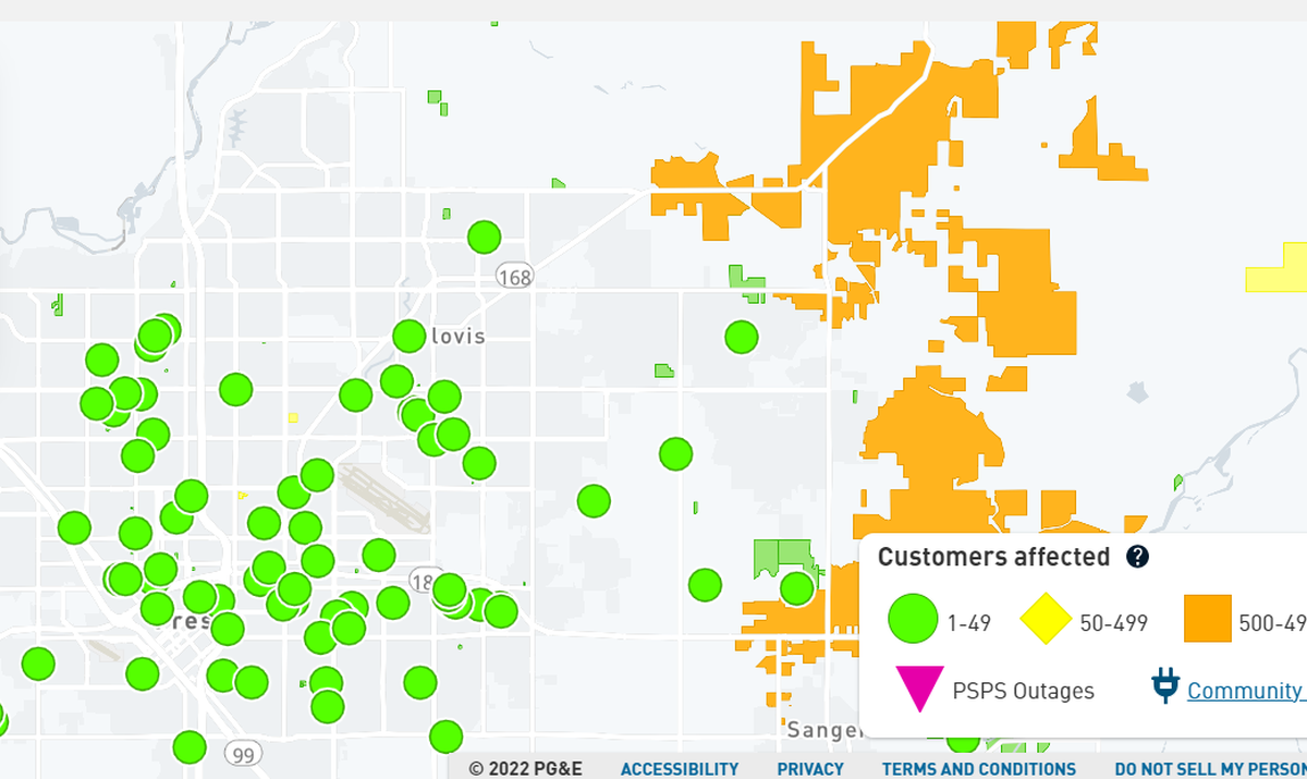 PG&E outage map as of 5 p.m. Wednesday, June 22, 2022.