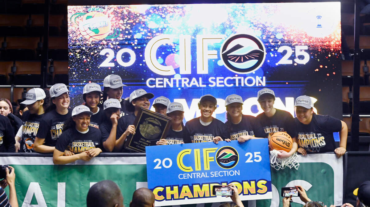 Clovis West celebrates its win in the CIF Division I Girls Basketball Championship against Clovis High Saturday, March 1, 2025 in Fresno.