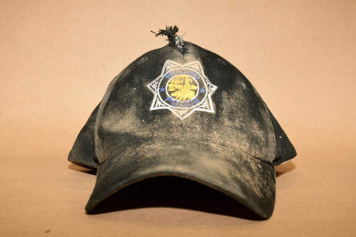 The Fresno Police Department released a photo that shows an officer’s baseball cap struck by a bullet after an exchange of gunfire with a 41-year-old man. The officer was not injured.
