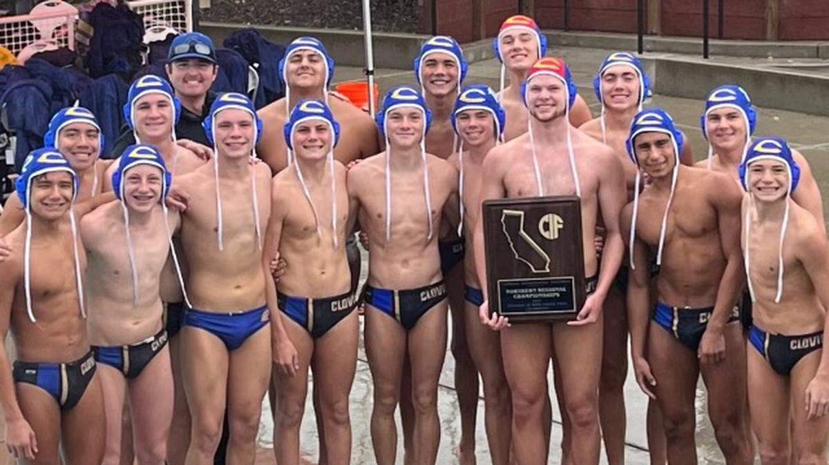 The Clovis High boys water polo takes a photo after winning the CIF Northern California Division III title in Stockton, California on Saturday, Nov. 18, 2023.