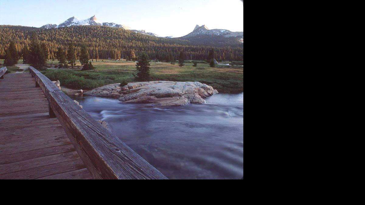Peaks of the Cathedral Range, including from left to right, the Cockscomb, Unicorn Peak and Cathedral Peak, provide a sculpted backdrop to the Tuolumne Meadows area of Yosemite National Park.
