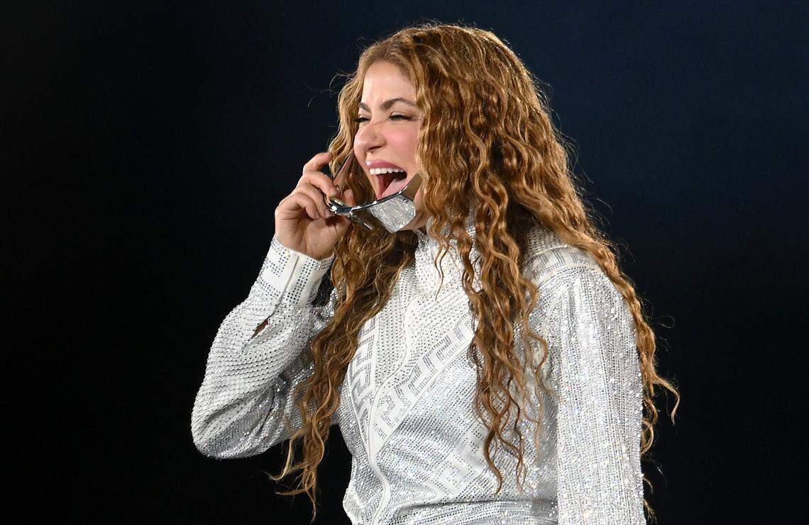 Colombian singer Shakira performs during her sold out Las Mujeres Ya No Lloran World Tour at Valley Children's Stadium, August 7, 2025 in Fresno.