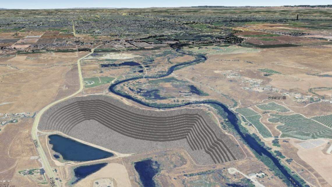 A photo composite rendering of CEMEX’s proposed blast mine near the San Joaquin River and its proximity to Fresno.