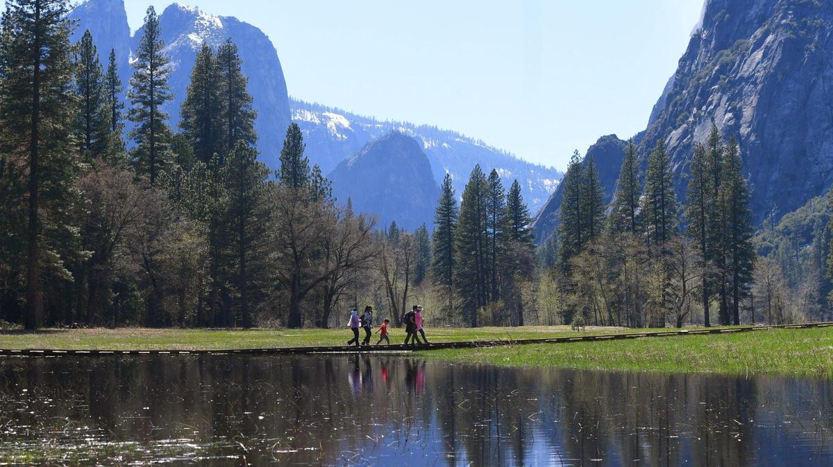 Una familia camina por una pasarela a través de un Sentinel Meadow inundado, el viernes 28 de abril de 2023, en el Valle de Yosemite.