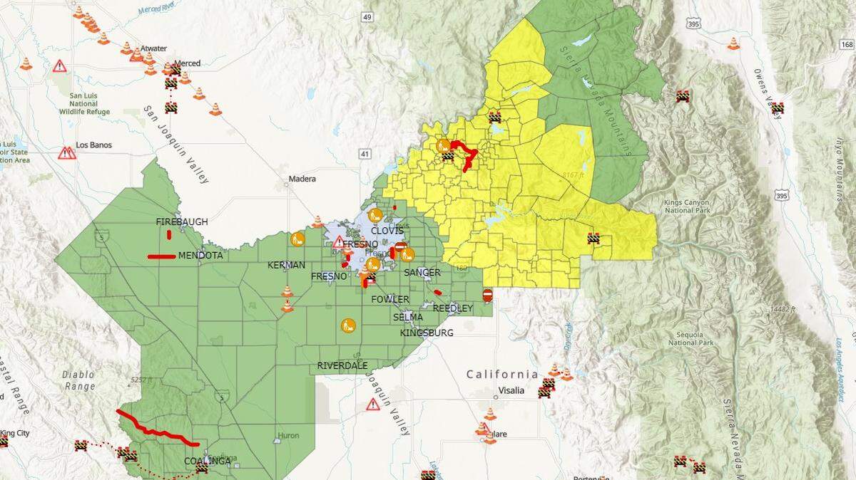 A screenshot of a Fresno County Sheriff’s Office map shows yellow areas that are under an evacuation warning put in place Tuesday, March 7, 2023, in advance of an atmospheric river storm expected to dump rain over the entire county, particularly in the Sierra Nevada foothills and mountains in the eastern part of Fresno County.
