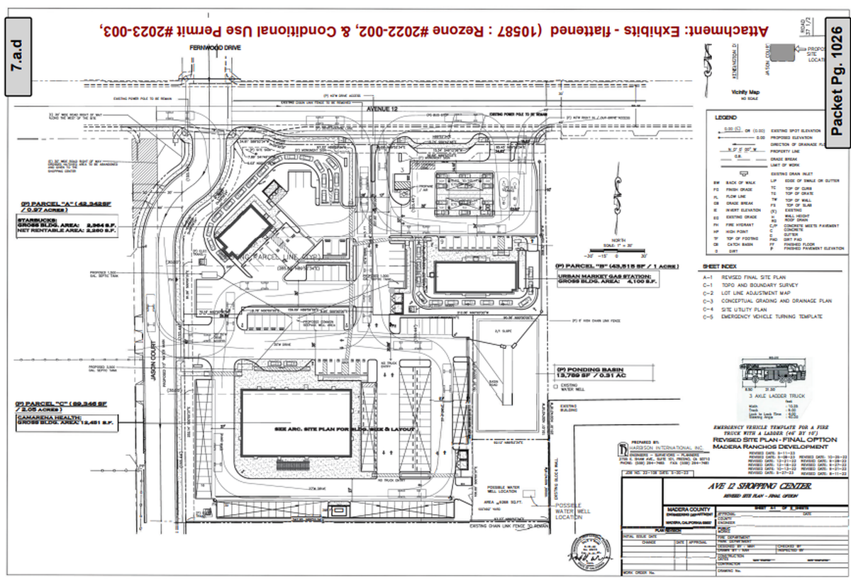 The site plan for the Madera Ranchos commercial under construction on Avenue 12 shows how Jason Court will be realigned. The Starbucks will be on the northwestern section of the development, the gas station on the northeastern and the Camarena Health facility on the southern.