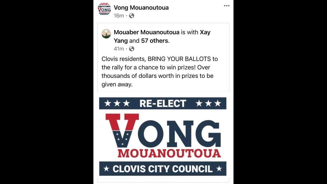 A Facebook for the re-election of Clovis City Councilmember Vong Mouanoutoua shows a flyer and offers a raffle for anyone who brings a ballot, which could be a violation of elections code, Fresno County Clerk Brandi Orth said Thursday, Feb. 25, 2021.