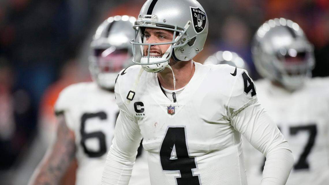 Las Vegas Raiders quarterback Derek Carr during an NFL game against the Denver Broncos in Denver, Sunday, Nov. 20, 2022.