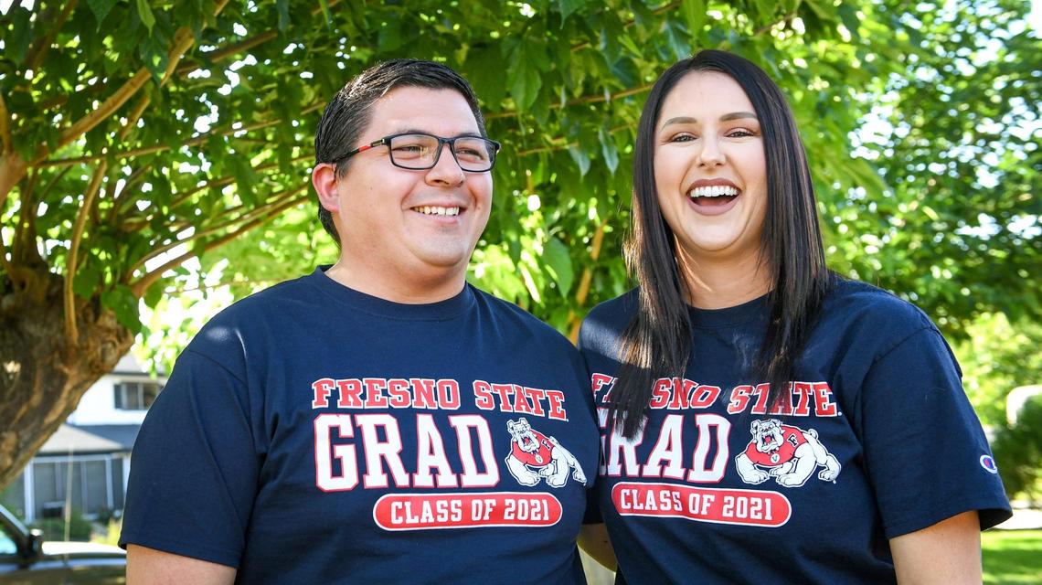 Longtime family friends Tim Mejia and Samantha Gillis are graduating together with masters degrees from the Kremen School of Education and Human Development at Fresno State University on Friday.