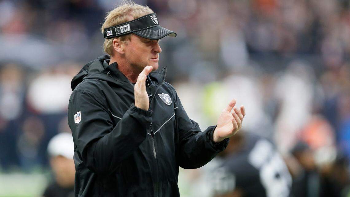 Jon Gruden encourages his Raiders before a game against the Chicago Bears at Tottenham Hotspur Stadium, Sunday, Oct. 6, 2019, in London.