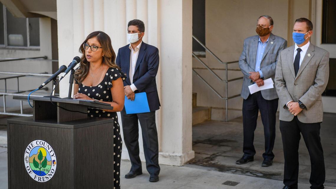 Emilia Reyes, CEO of the Fresno Economic Opportunities Commission, speaks about the EOC’s role in providing education and resources to Fresno County’s poor and rural communities to help slow the spread of the coronavirus during a press conference with the Fresno County Board of Supervisors on Tuesday, Aug. 11, 2020.