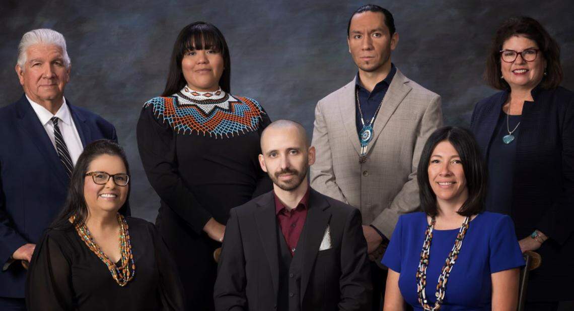 Members of the tribal council for the Picayune Rancheria of Chukchansi Indians at the start of 2022 are, back row, from left, at-large member Tom Pisano, council chairwoman Janet Bill, treasurer Marco Alcantar, vice chairwoman Pam Coronado; front row, from left, secretary Laurie Arriaga, at-large member Joshua Herr, and at-large member Claudia Gonzales. The tribe operates the Chukchansi Gold Casino and Resort in Coarsegold, CA.