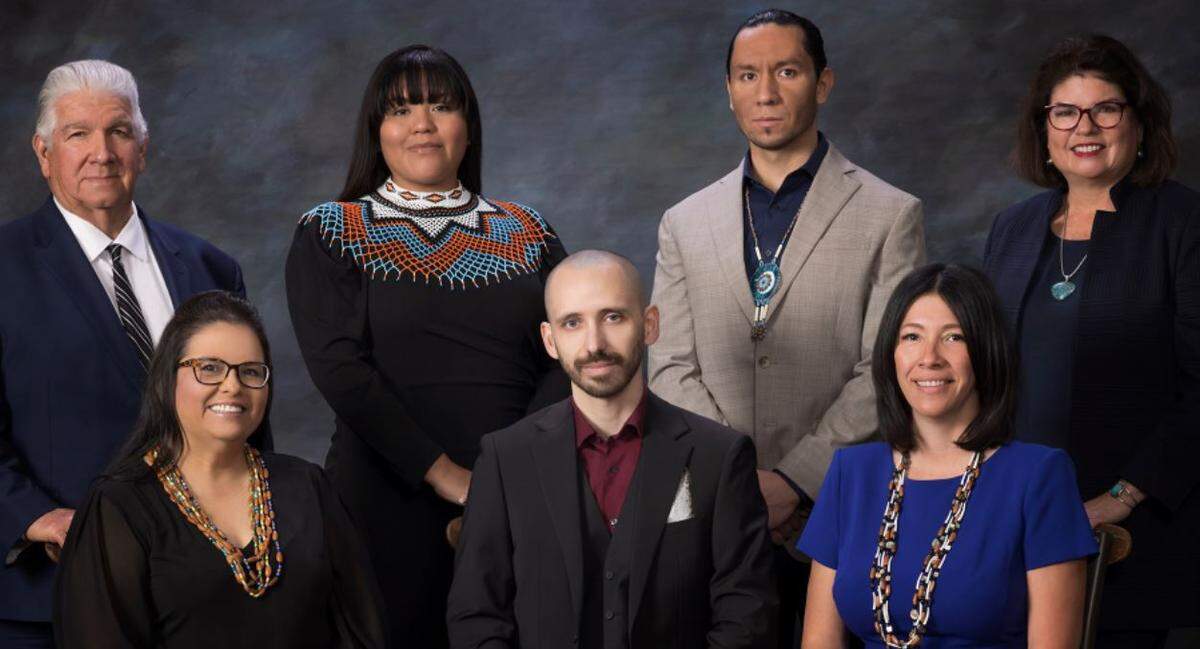 Members of the tribal council for the Picayune Rancheria of Chukchansi Indians at the start of 2022 are, back row, from left, at-large member Tom Pisano, council chairwoman Janet Bill, treasurer Marco Alcantar, vice chairwoman Pam Coronado; front row, from left, secretary Laurie Arriaga, at-large member Joshua Herr, and at-large member Claudia Gonzales. The tribe operates the Chukchansi Gold Casino and Resort in Coarsegold, CA.