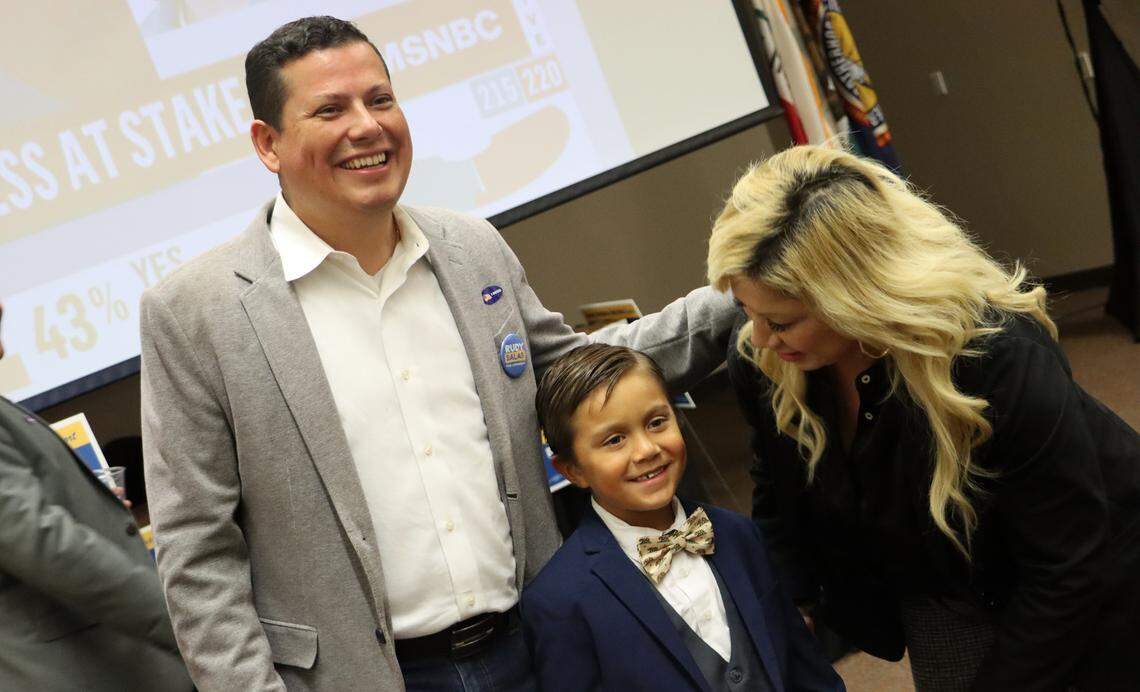 Assemblymember Rudy Salas, D-Bakersfield, takes a photo with supporters during Election Night watch party at a union hall in Bakersfield on Nov. 8, 2022. He is challenging Republican incumbent David Valadao in the newly redrawn 22nd Congressional District.