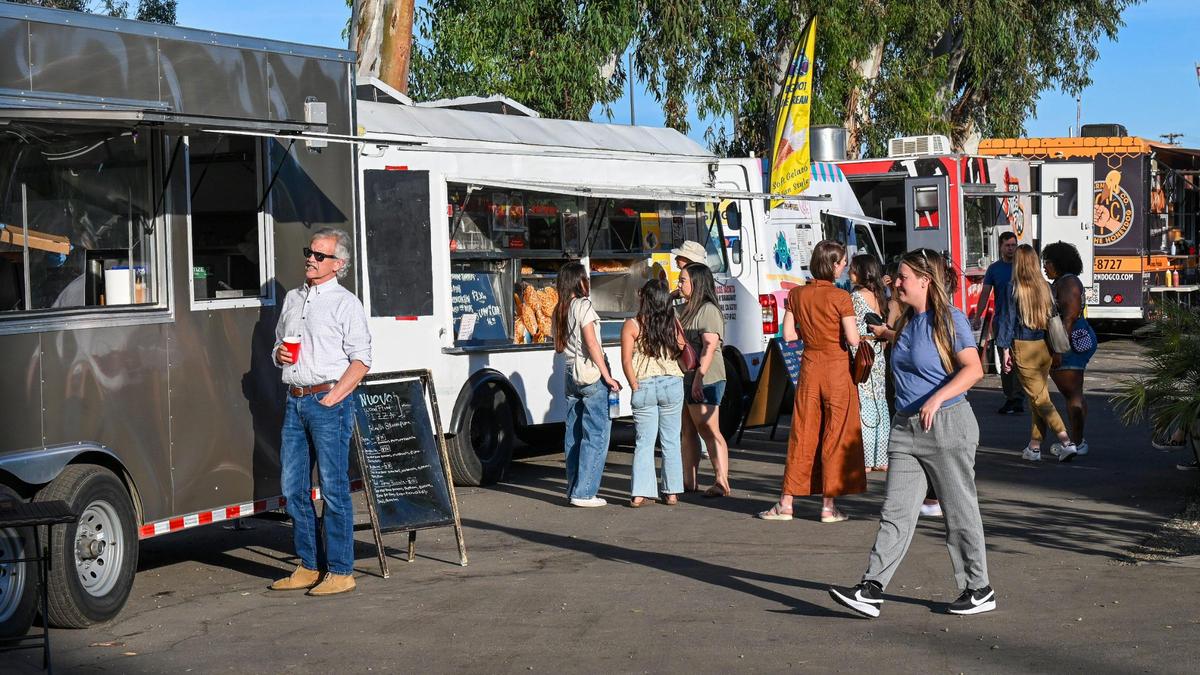 Food trucks are lined up along the back side area at Gazebo Gardens nursery in Fresno on Thursday, May 15, 2025 during one of their beer garden events which are on Thursday, Friday and Saturday evenings.