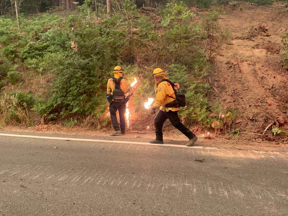 Firefighters battling the Creek Fire set backfires along Highway 168. The wildfire has burned more than 45,000 acres, forced numerous evacuations and as of Sunday afternoon, Sept. 6, 2020, was 0% contained.