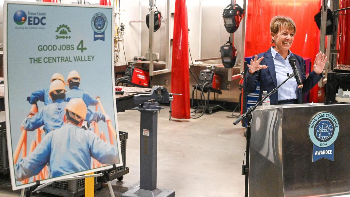 Lee Ann Eager, CEO/President of the Fresno County Economic Development Corporation, speaks during a press conference to announce new funding of $23 million through the American Rescue Plan Good Jobs Challenge awarded to the Fresno County Economic Development Corporation to develop and launch the project, at CTEC High School in Fresno on Thursday, Aug. 4, 2022.