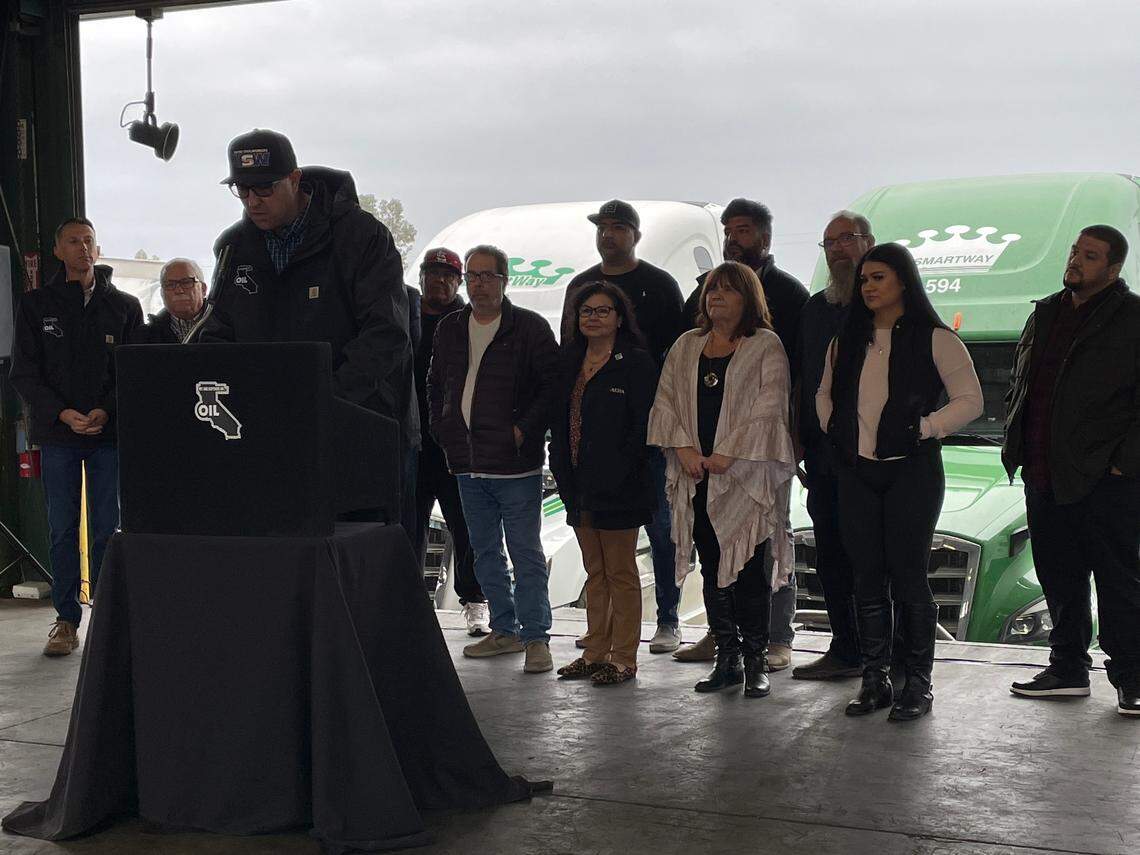 Tyson Bagley, an employee of Phillips 66 Rodeo Refinery and president of United Steelworkers Local 326 speaks about his 13-year career in the oil industry as part of the “My Job Depends on Oil” campaign launch held at Smartway Express Trucking Company in Fresno on December 1, 2022.