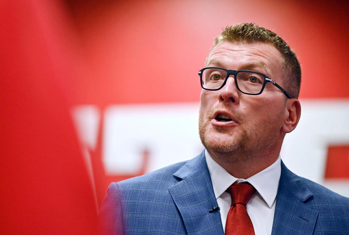 Matt Entz, after being introduced as Fresno State’s new head football coach, chats with media after a press conference Thursday, Dec. 5, 2024 in Fresno.